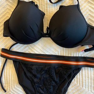 Victoria’s Secret Bikini Set 👙 Black Lace and Stripe • Top 34D • Size M